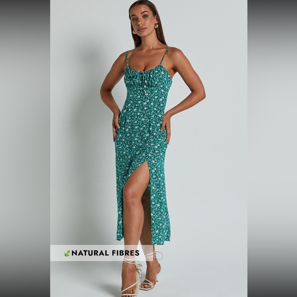Showpo. Willa midi dress with ruched bust and thigh split in green floral